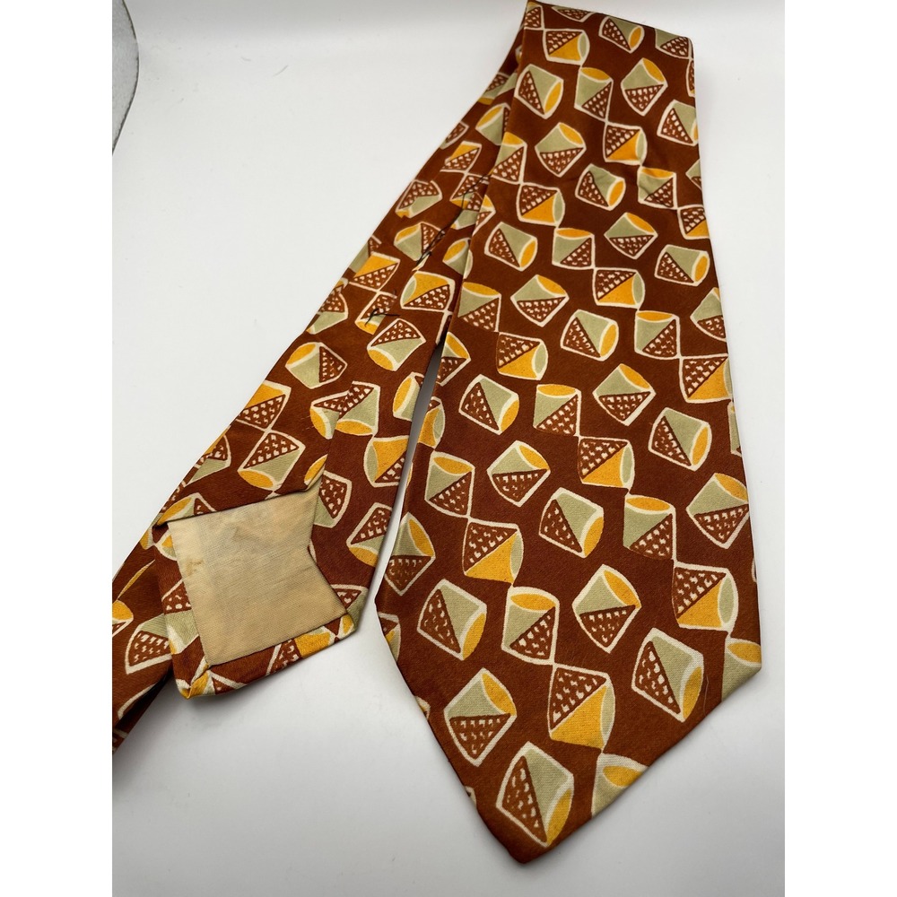 Vintage 70s Geometric Abstract Wide Blade Necktie Brown Yellow Green Retro 4"